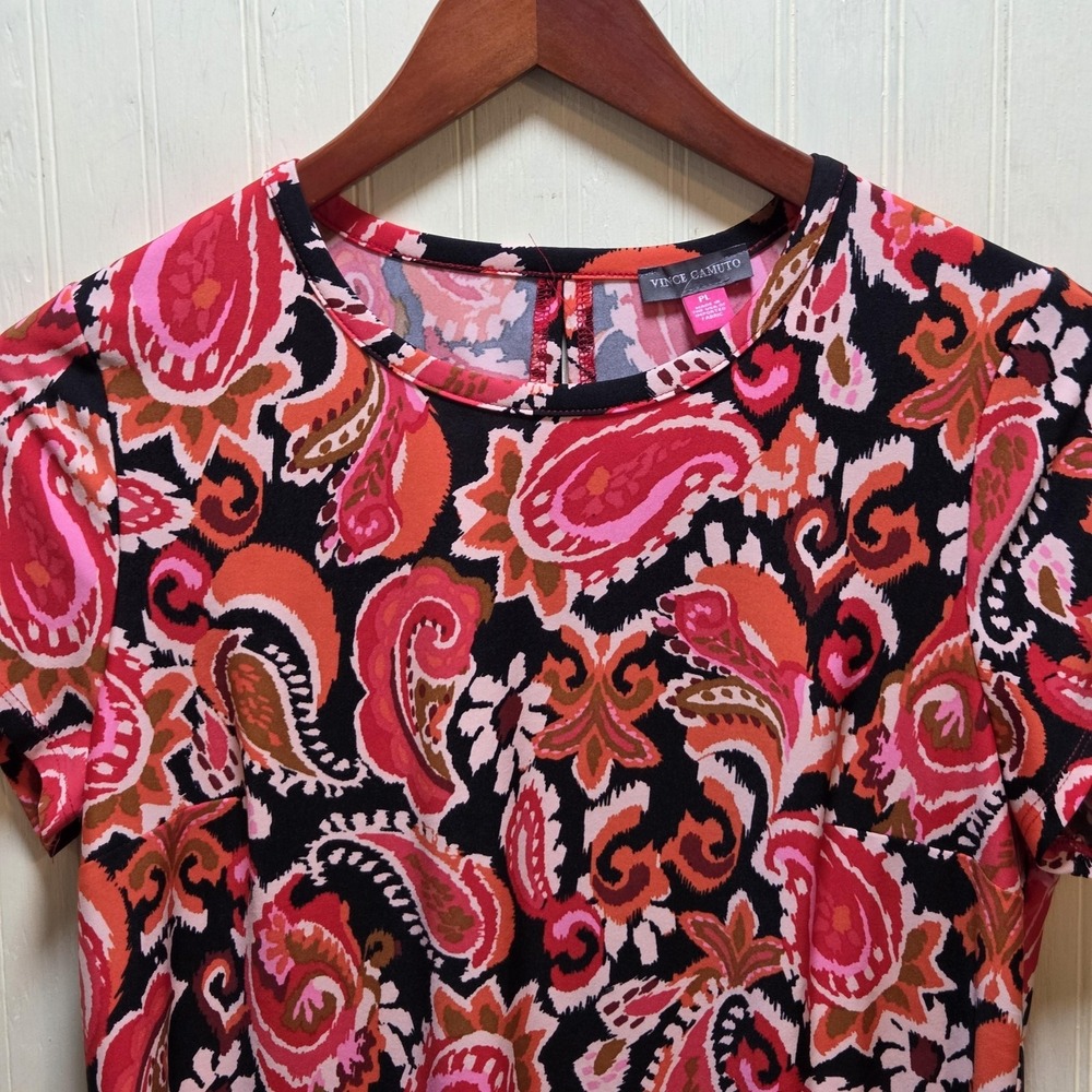 Vince Camuto Blouse Womens PL Petite Multicolor Crew Neck Short Sleeve Paisley